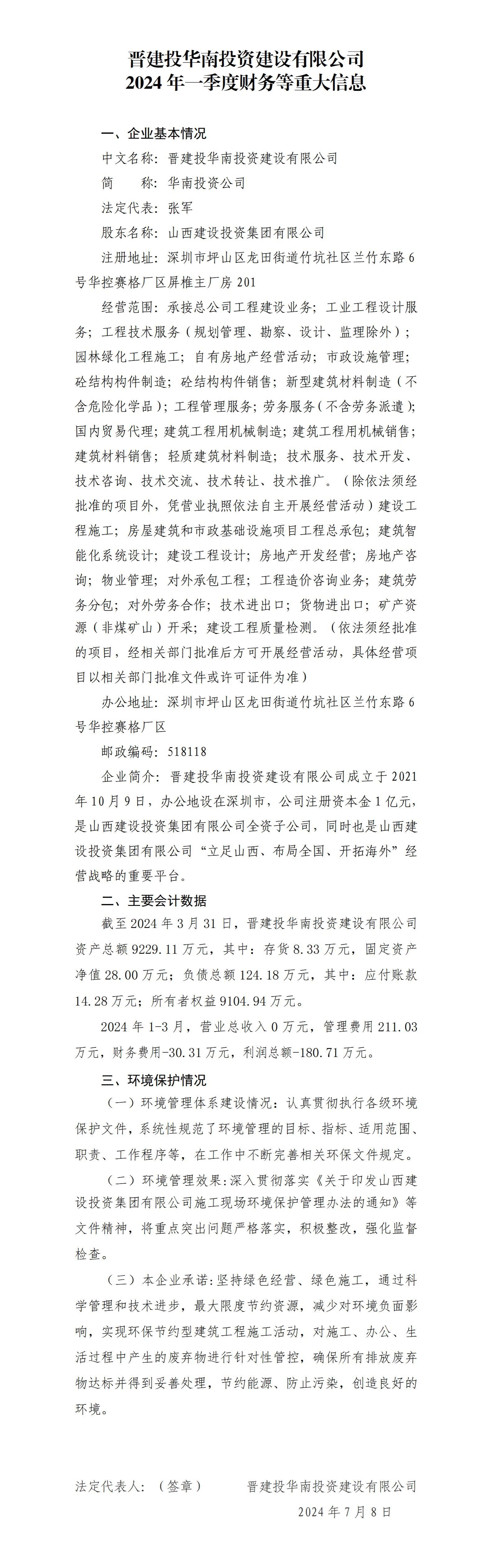 晋建投华南投资门徒娱乐有限公司2024年一季度财务等重大信息
