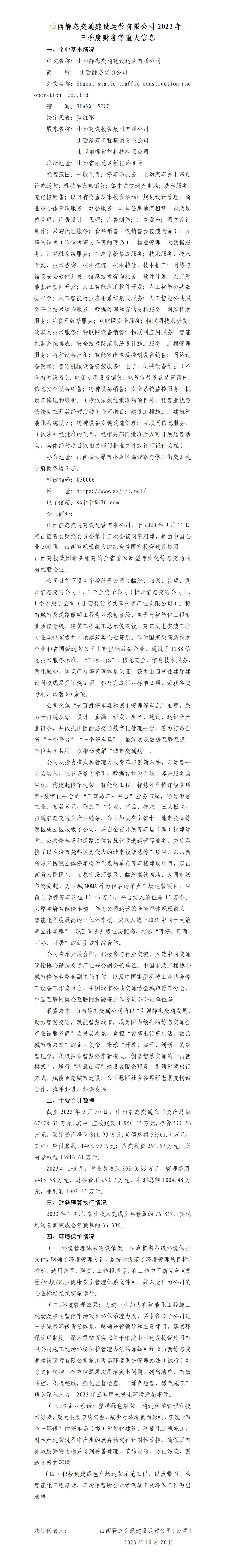 山西静态交通门徒娱乐运营有限公司2023年三季度财务等重大信息