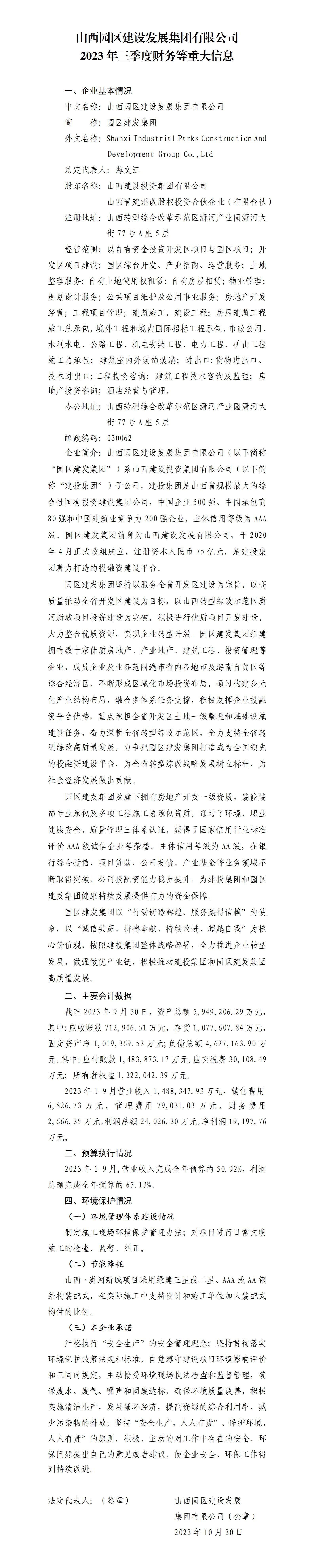 山西园区门徒娱乐发展集团有限公司2023年三季度财务等重大信息