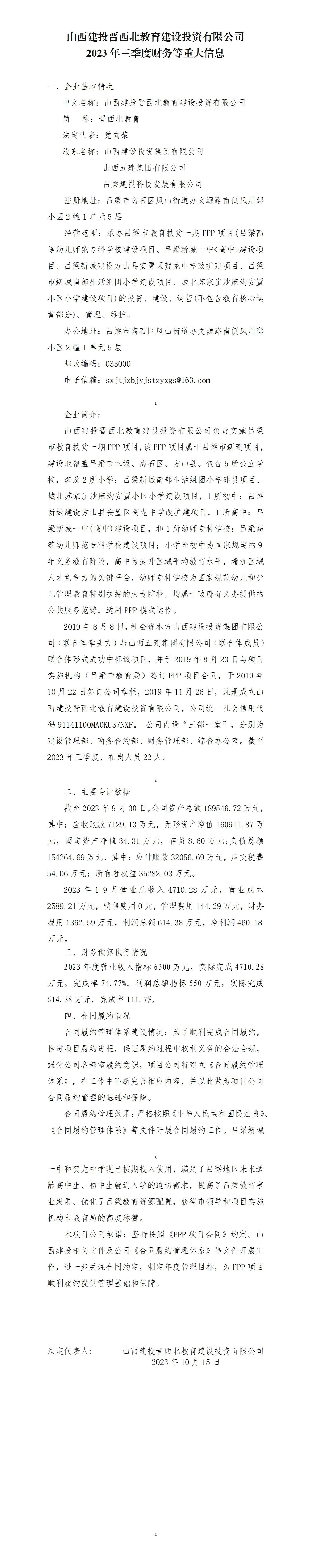 山西建投晋西北教育门徒娱乐投资有限公司2023年三季度财务等重大信息