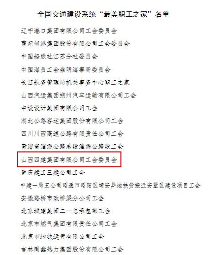 山西建投四建集团工会荣获全国交通门徒娱乐系统“最美职工之家”称号